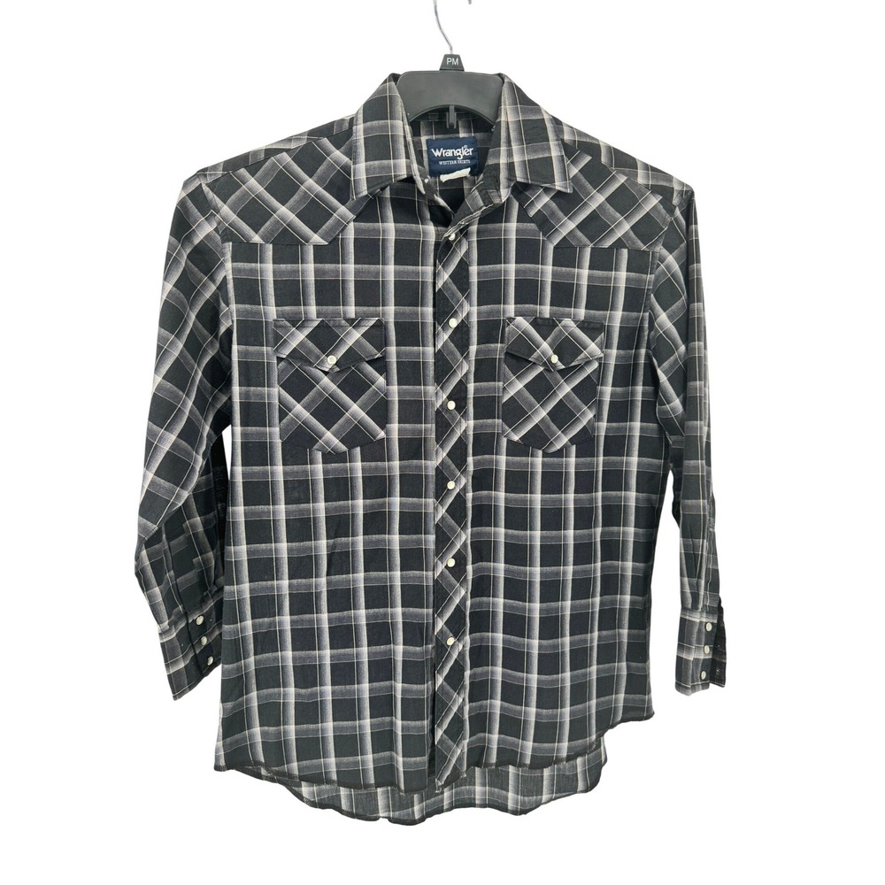 Wrangler Western Shirt‎ Mens L Black White Plaid Pearl Snap Long Sleeve Cowboy